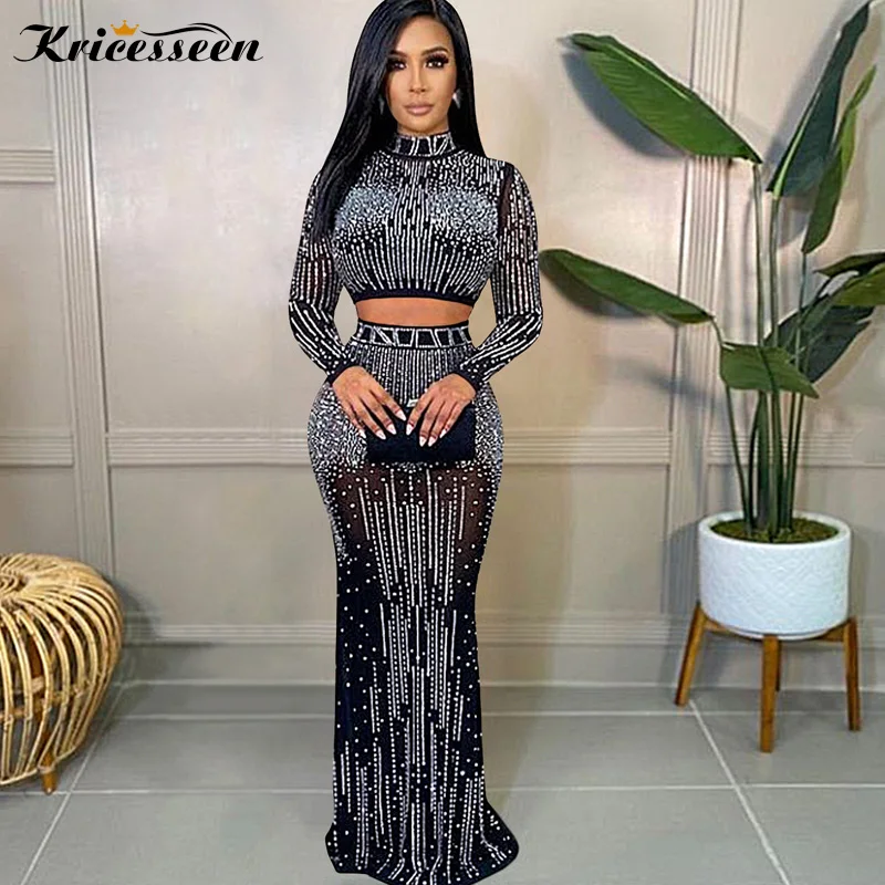 

Kricesseen Sexy Mesh Hot Drilling See Through Skirt Set Women Crystal Long Sleeve Top And Maxi Skirt Suits Clubwear Outfits