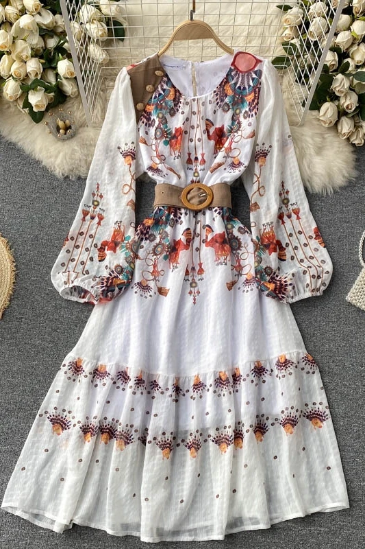 

2021 Spring Fall Vintage Printed Round Neck Long Sleeve Long Dress Waist-Tight Slimming Large Hem Seaside Vacation Lady Dress
