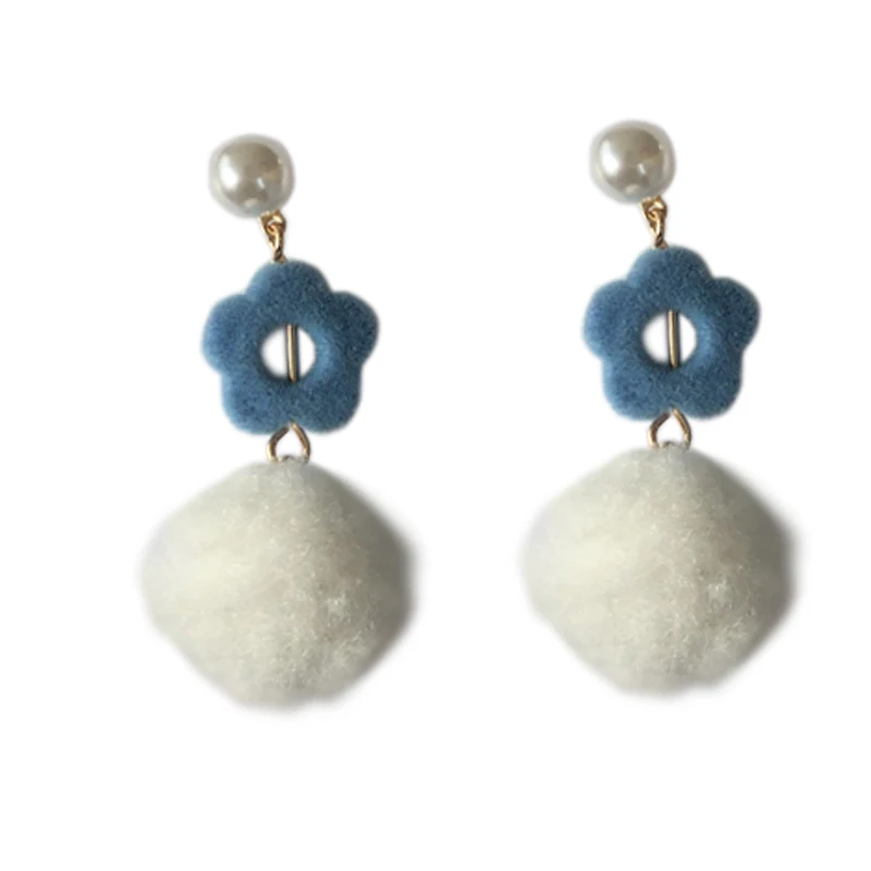 

S925 needle Autumn Winter Flocking Earrings Popular Design Warm White Blue Fiber Ball Drop Earrings For Girl Women Jewelry Gift