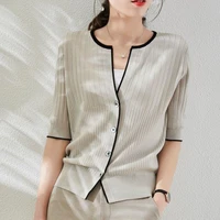 summer new sweater loose round neck solid color half sleeve cardigan women vintage v neck regular polyester