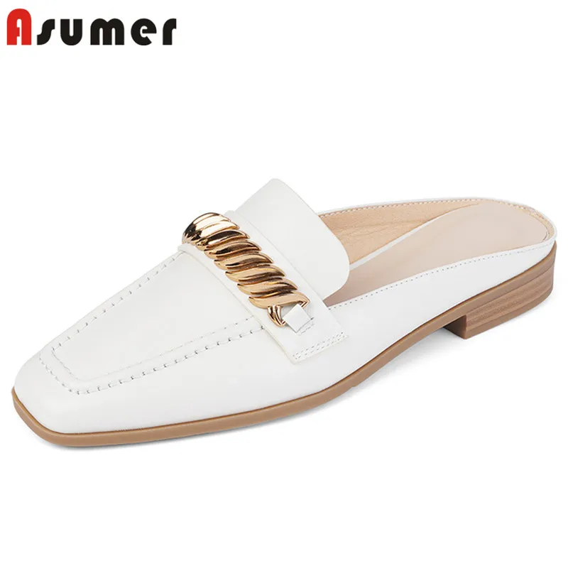 

Asumer 2021 New Arrive Square Toe Slipper Women Genuine Leather Shoes Metal Decoration Chain Low Heel Casual Shoes Women