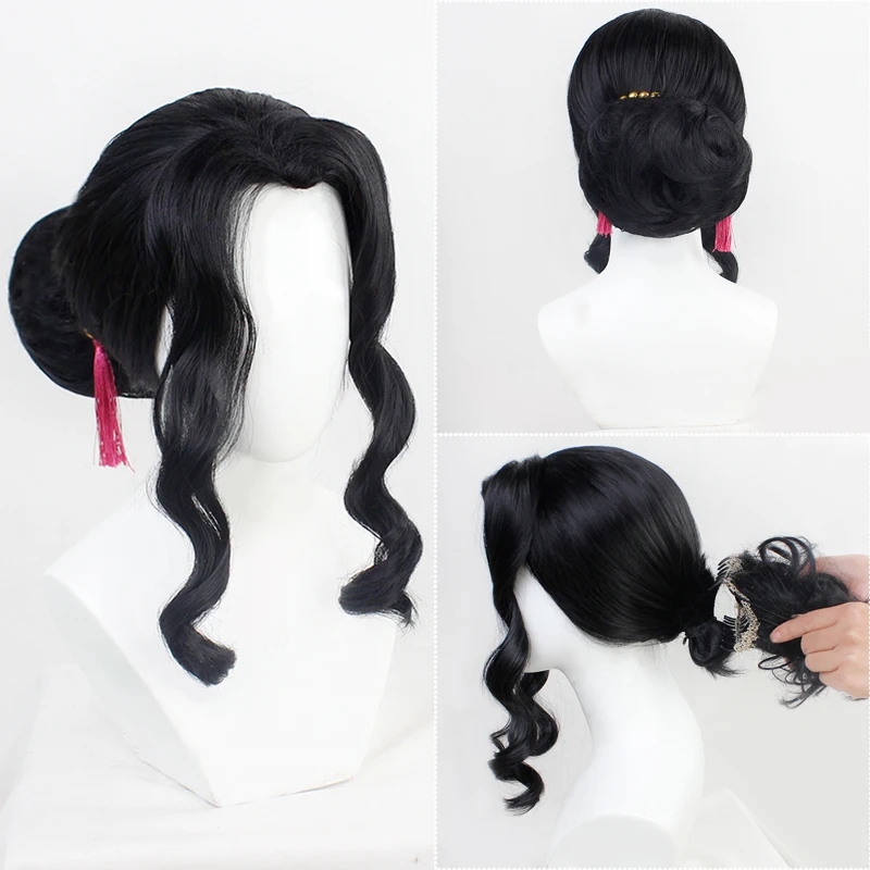 

Slayer Kimetsu No Yaiba Kibutsuji Muzan Cosplay Wig Costume Black Women Curly Hair + Free Wig Cap