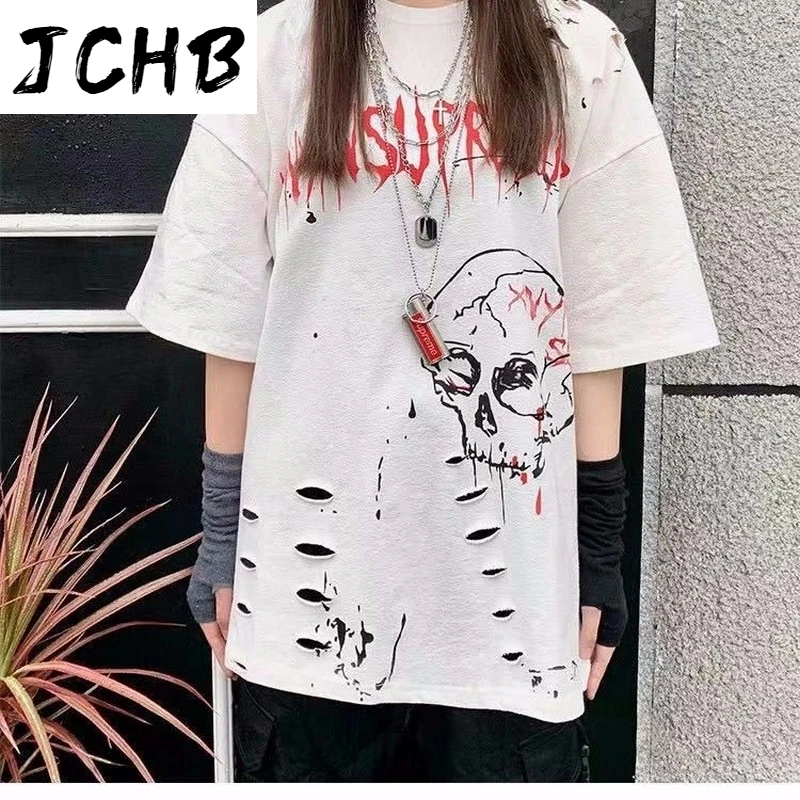 

2021 Skull Graffiti Printing Short-sleeve t Shirt Hole Highstreet Women Tshirt Tops Tees Oversized Couple Top O-neck Womens T-sh