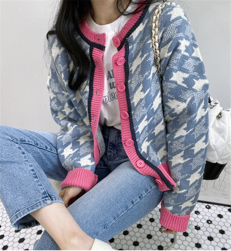 

2020 new arrivals winter sweater cardigans korean o-neck Houndstooth pattern long-sleeved jumper wool causal knitted tops