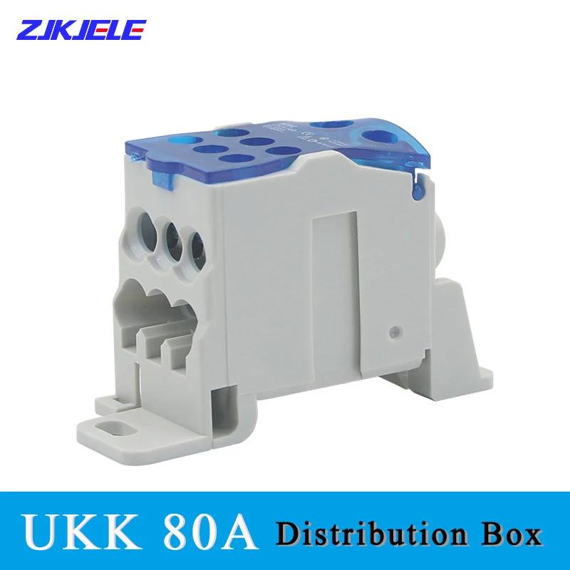 

UKK 80A Din Rail Distribution Box Block 1 In 6 Out Power Universal Electriconic Wire Connector Junction Case Blue Terminal Block