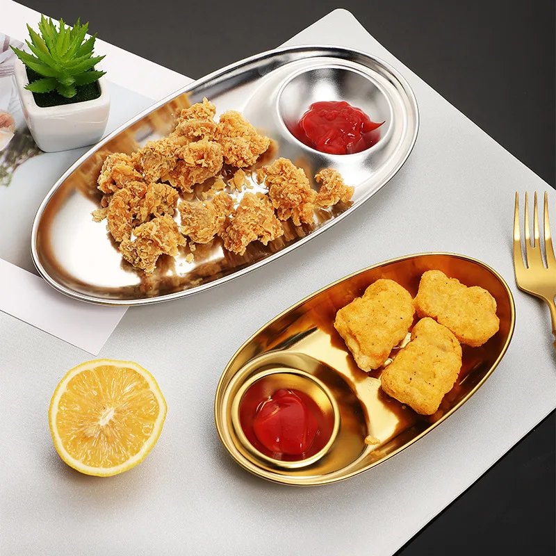 

Grid plate 304 Stainless Steel Snack Plate Divided Grid Plate Oval Plate With Sauce Plate Western Fries Fried Chicken Plate