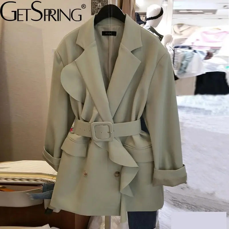 

GetSpring Women Blazer Temperament Ruffles Double Breasted Ladies Suit Coat With Belt Female Jacket Autumn Tops 2021 Fashion New