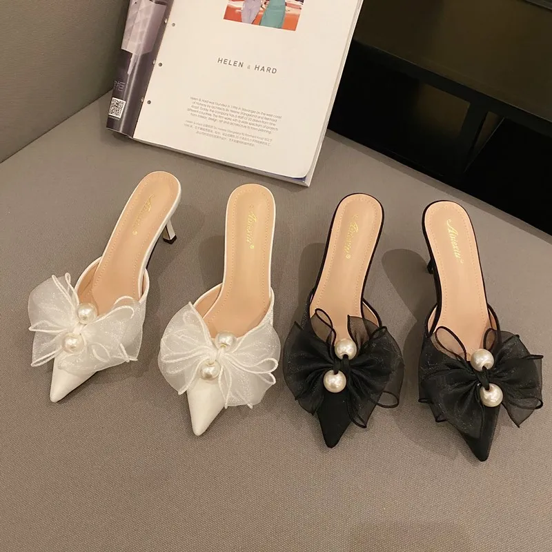 

New summer shallow mouth pointed bow beaded sandals fashion party high heels
