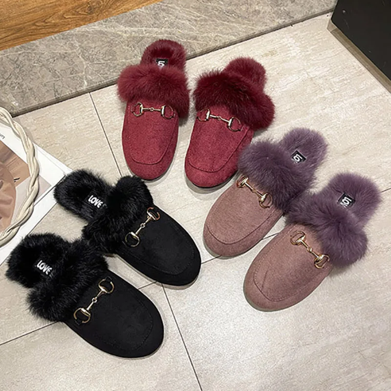 

Зимние пушистые тапочки, женские меховые лоферы, плюшевая теплая женская обувь для дома, полутапочки, женская обувь на плоской подошве, модн...