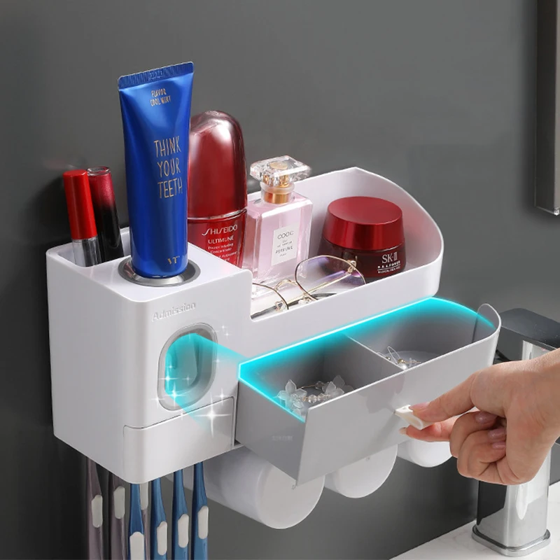 

Toothbrush Toothpaste Bathroom Accessories Sets Toothpaste Dispenser Holder Wall Mount Rack Storage For Bathroom Home