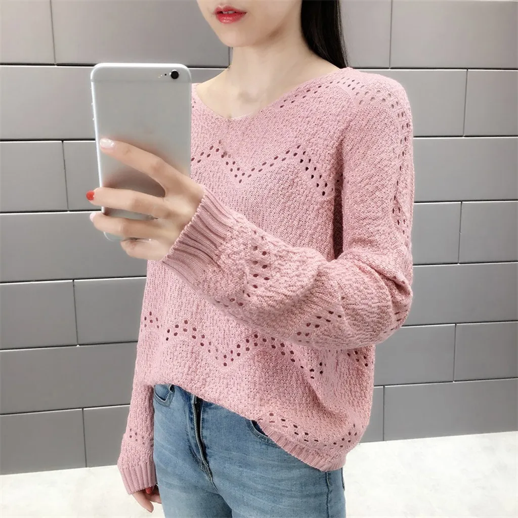 

Women Sweater Casual Knitting V-Neck Tops Long Sleeve Bottoming Hollowed Out Sweater Autumn Winter Pullovers Slim-fit tight