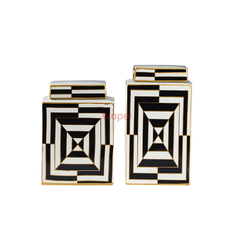 

Symmetrical Lines Ceramic Jars with Lid Rectangle Decorative Flowers Vase Flower Arrangement Porcelain Storage Jar Home Decor