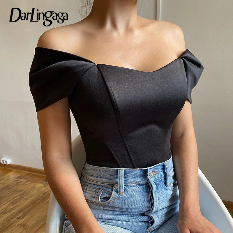 

Darlingaga Fashion Chic Satin Tube Corset Top Off Shoulder Sexy T-shirts Women Elegant Club Party Summer Shirts Cropped Bodycon
