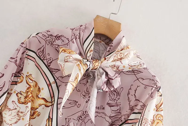 women mididress autumn casual long sleeve shirtdress 2019 new bow collar chain floral printed elegant loose chiffon Женская одежда