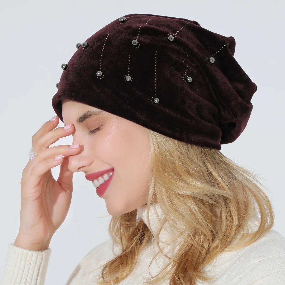 

RANMO New Fashion Beads Winter Hat For Women Beanie Warm Outdoor Riding Ski Cap Girls Skullies Female All Match Knitted Wool Hat