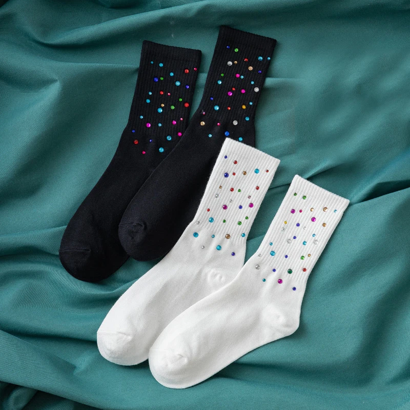 

Autumn&Winter Women Soft Socks Cute Diamond Socks Sparkling Black White Socks Breathable Rhinestone Sock Comfortable Clothes