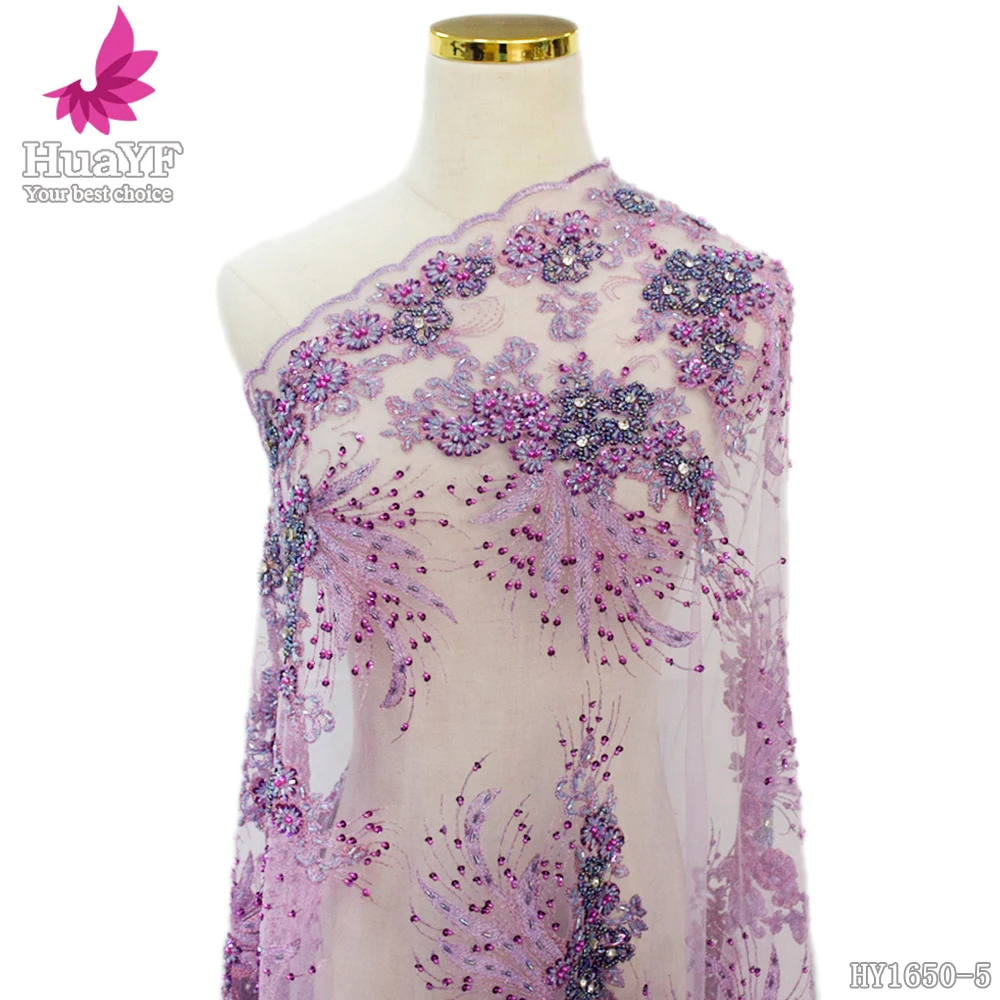 

2021 New Quality Purple Embroidery Beaded Lace Sequins Bridal Fabric For Wedding Evening Dress 5 Yards HY1650-5