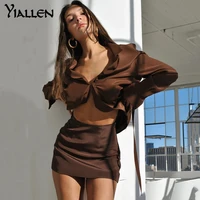 yiallen fall fashion 2021 2 piece sets womens skirt birthday outfits for women long sleeve turn down collar top and skirts