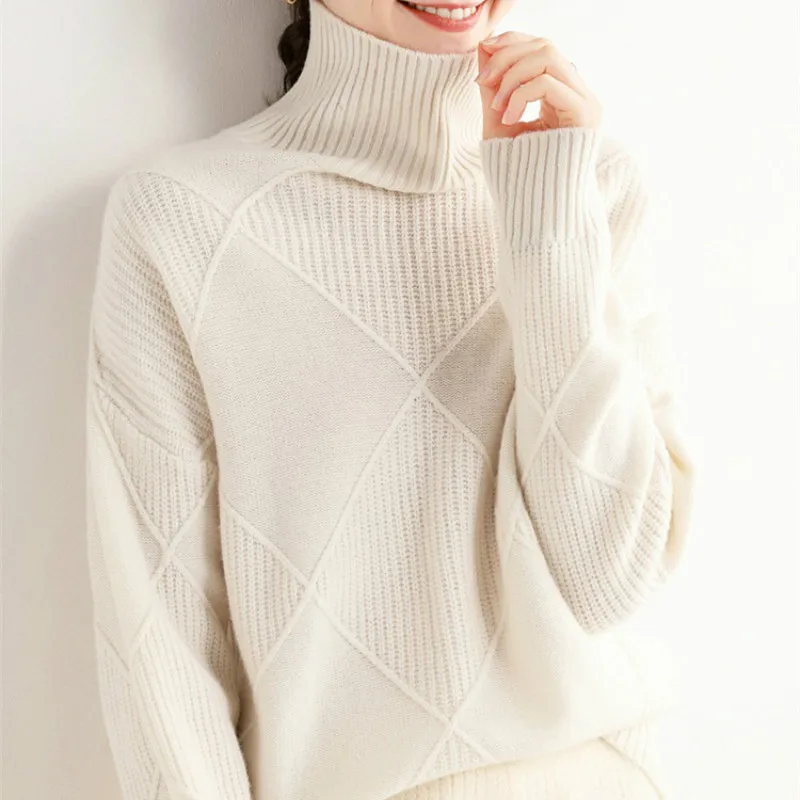 

Oversized Sweater for Women Solid Turtleneck or Mock Neck Full Length Sleeves Diamond Design Knitted Pullover Sweaters Winter