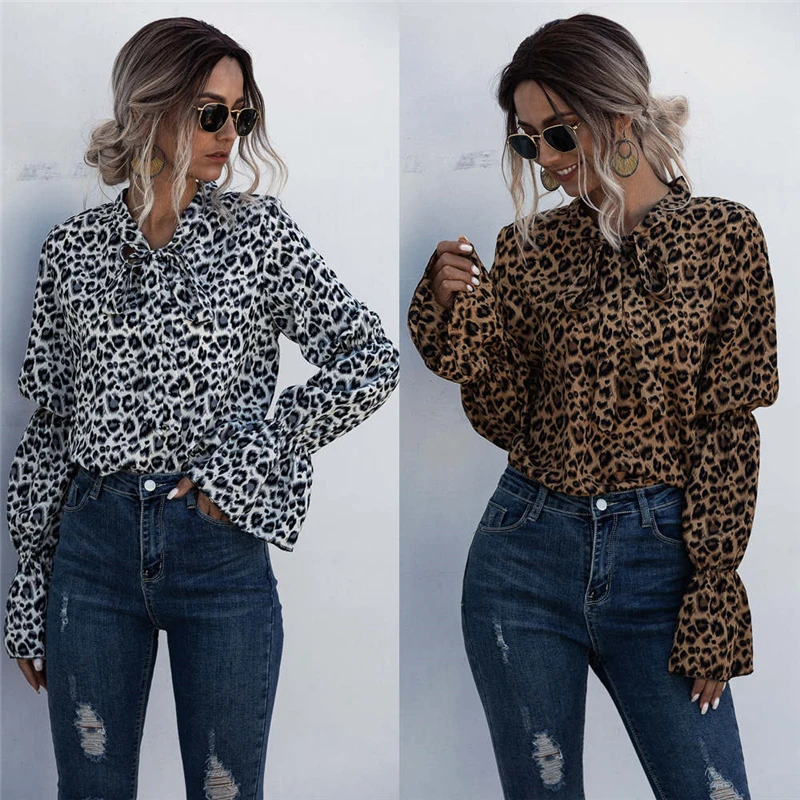 

Plus Size Long Sleeve Women Shirts 2020 Autumn Leopard Bow Lantern Sleeve Blouses