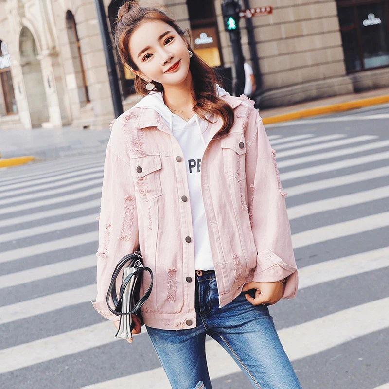 Женская джинсовая куртка CHICEVER розовая свободная однобортная с отложным