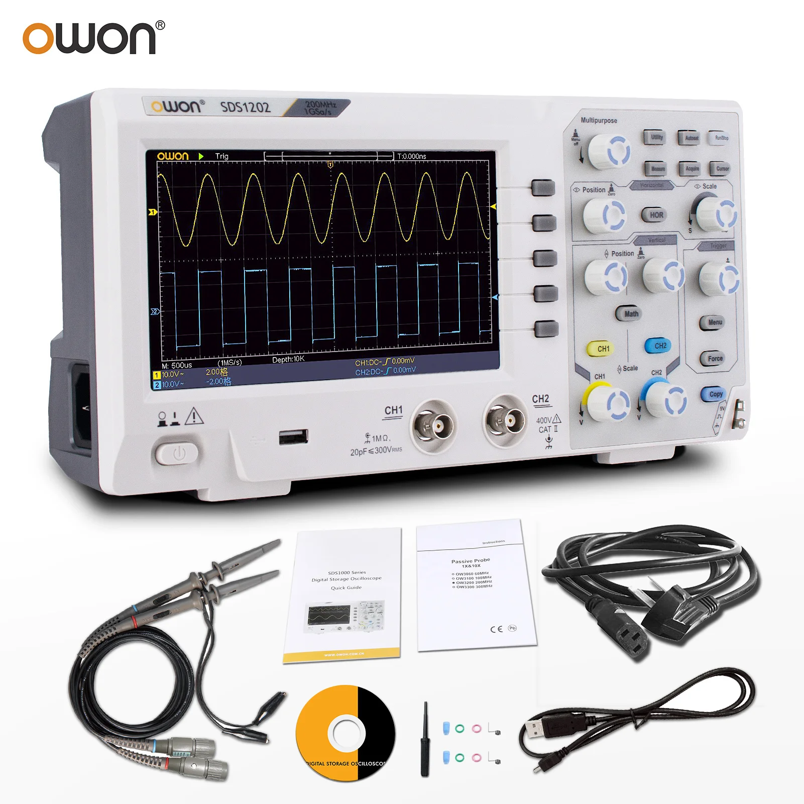 

Цифровой осциллограф OWON SDS1202, 2 канала, 200 МГц, полоса пропускания 1 Гвыб/с, портативный ЖК-дисплей 7 дюймов, USB-накопитель, осциллограф