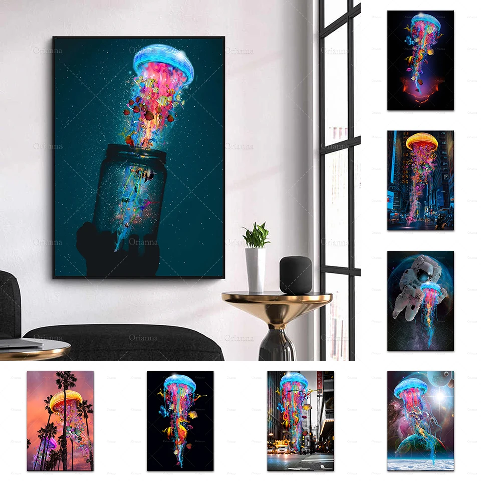 

Nordic Abstract Graffiti Jellyfish A Jar Wall Art Canvas Painting Floating Jellyfish Prints Poster Modular Pictures Home Decor