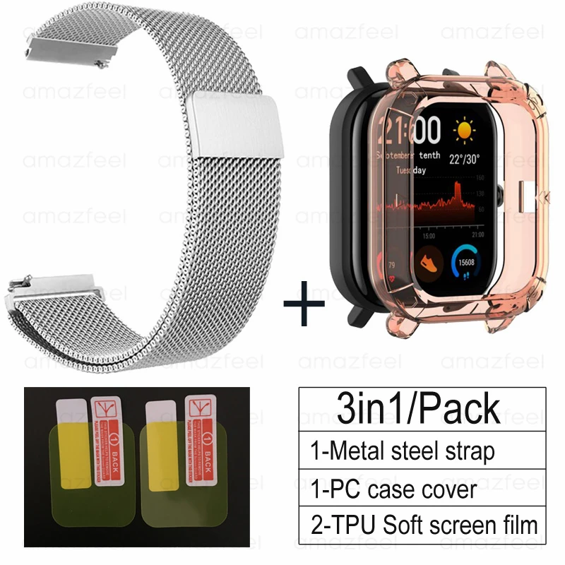silver-pink 3в1 Для Amazfit GTS ремешок+ ТПУ чехол для Huami Amazfit gts Smartwatch Защитная пленка для экрана браслет ремешок на запястье - Цвет: silver-pink