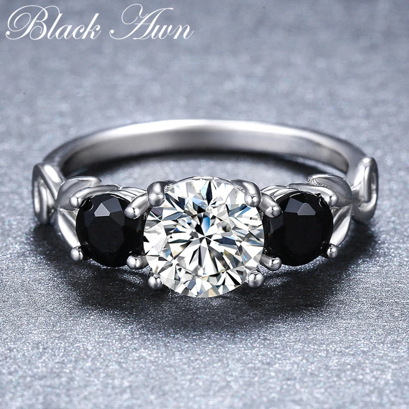 

2020 New Fower 925 Sterling Silver Fine Jewelry Engagement Black Spinel Round Engagement Ring for Women Anillos Mujer G090