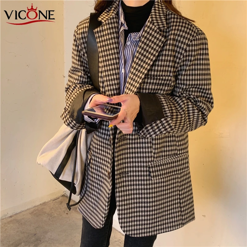 VICONE Vintage Double Breasted Office Ladies Plaid Blazer Long Sleeve Suit Coat Jacket Women Blazers Female | Женская одежда