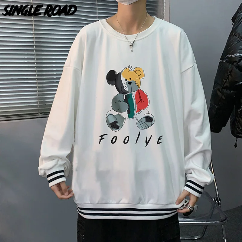 

Single Road Mens Crewneck Sweatshirt Men 2022 Bear Print Sweatshirts Oversized Japanese Streetwear Unisex White Hoodie Men