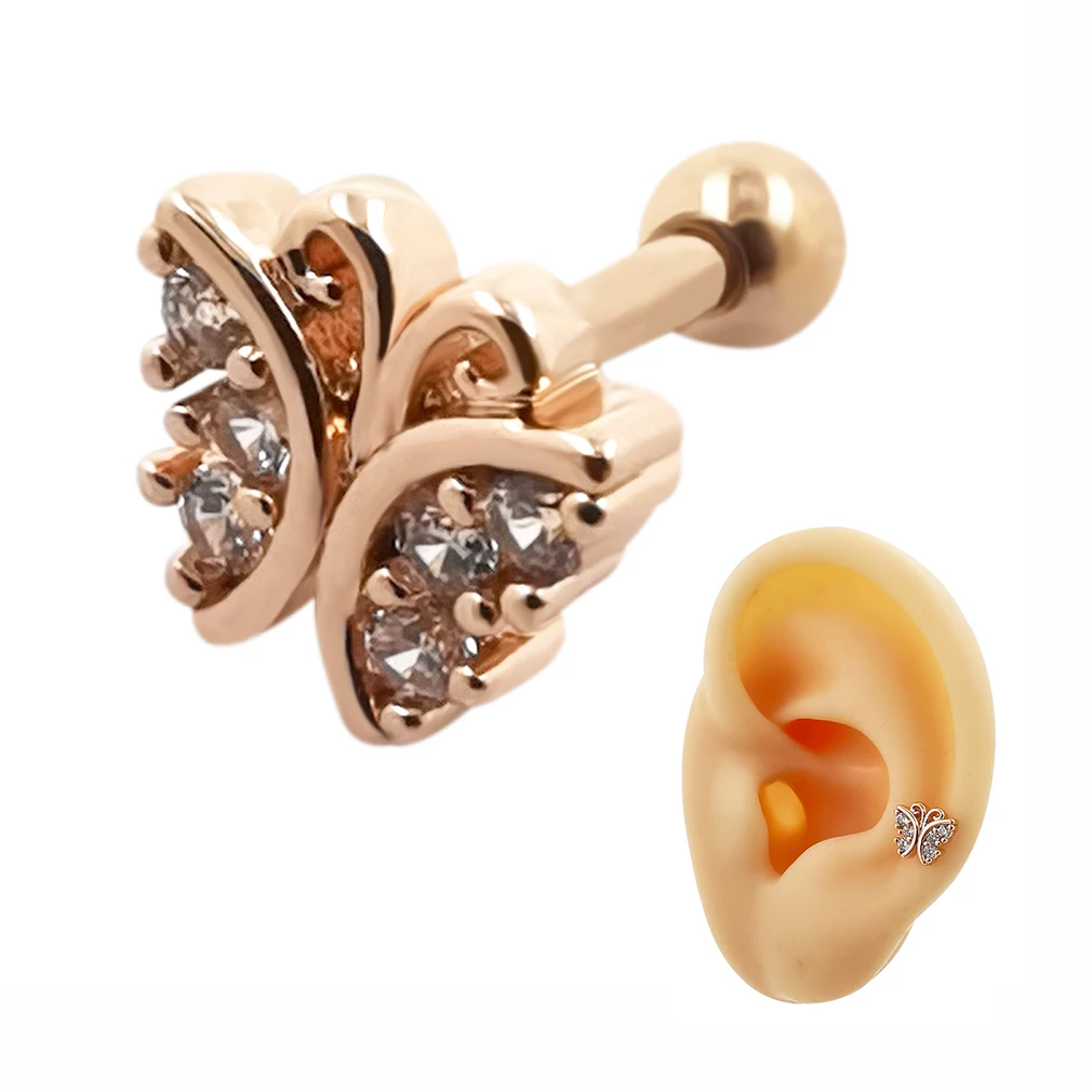 

JHJT 1PC 16G Butterfly Earrings Rose Gold Color Stainless Steel Stud Earrings for Women Child Cartilage Ear Studs Piercing