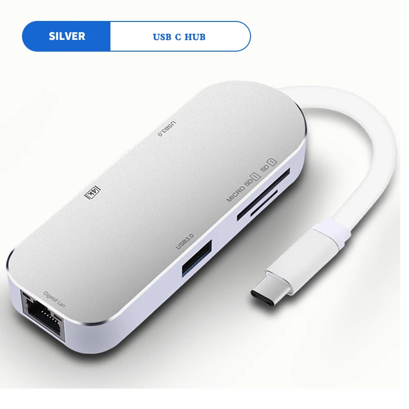 Silver 7 в 1 конвертер type C USB C концентратор к HDMI 4K адаптер 10/100/1000 м RJ45 порт USB C разветвитель док-станция для ноутбука MacBook USB-C концентратор - Цвет: Silver