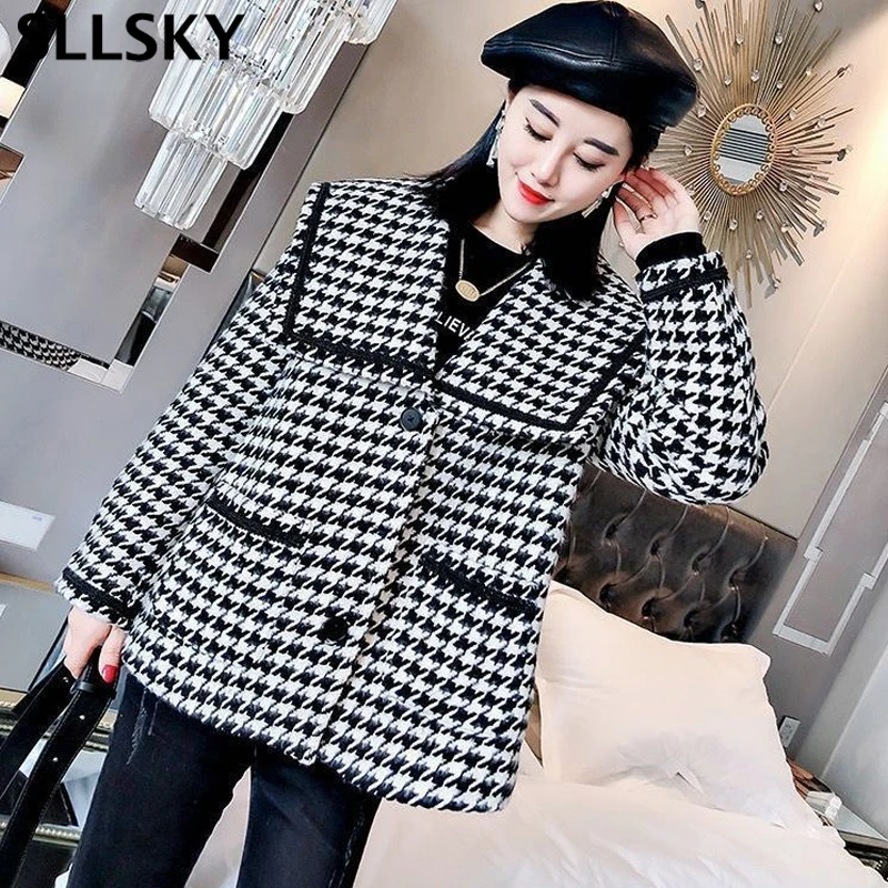 

Sllsky элегантные клетчатые женские шерстяные пальто 2020 зимние Утепленные хлопковые темно-синие модные короткие куртки с воротником теплая ж...