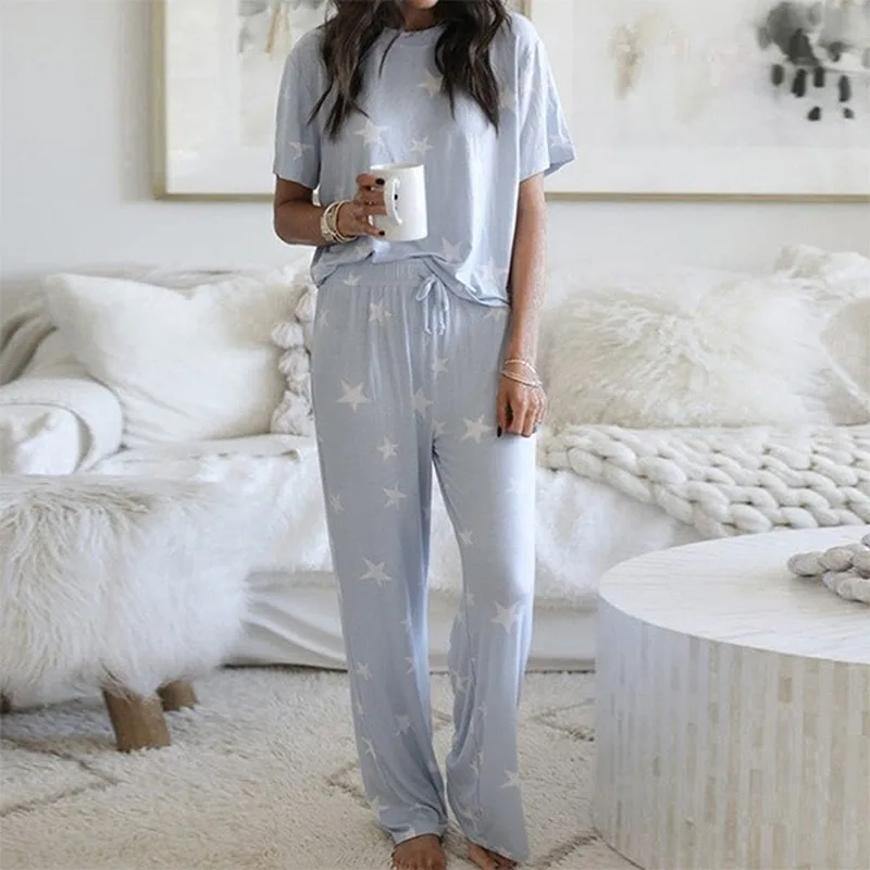 Summer Fashion Women Home Pajamas Set  Short Sleeve Round Collar Tops + Trousers Two Piece Sets Ladies Casual Suits