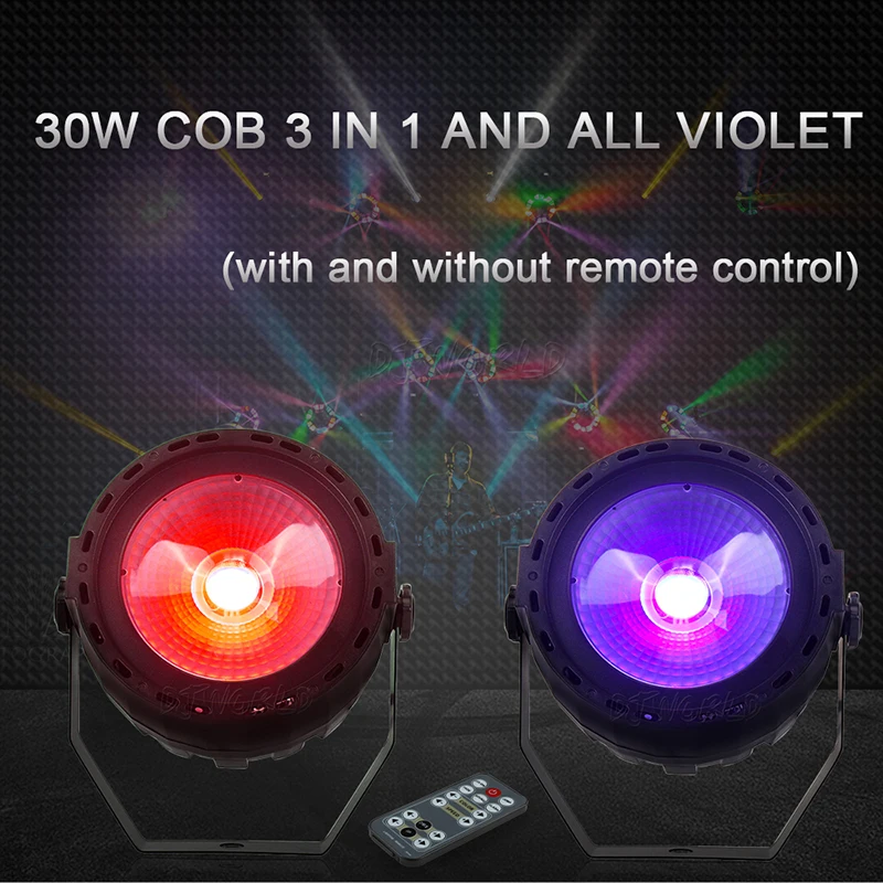 Luz LED COB Par 3 en 1 con Control remoto inalámbrico, 30W, RGB o UV, con luz estroboscópica de escenario para reuniones familiares, DJ, fiestas, discotecas, 2 unidades