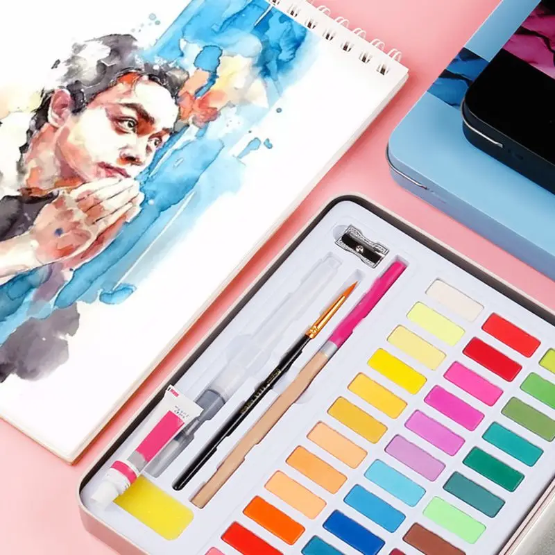

Solid Watercolor Paint Set 48 Pure and Bright Colors Art Set With Water Brush Pen Watercolor Delicate Nontoxic Painting Pigment