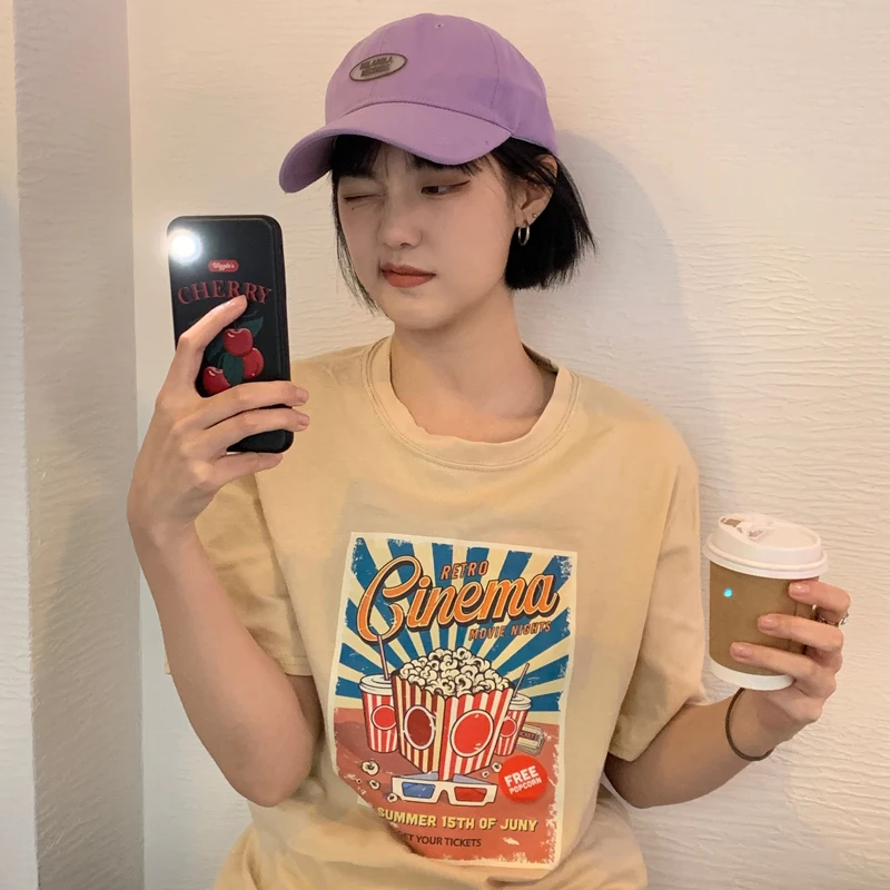 

Cute Popcorn Summer Simple Loose Basic White Tee Round Neck Short Sleeve T-Shirt Top Women Fashion Tops Woman Tshirts