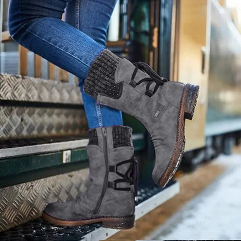 Women Boots Fashion Autumn PU Mid-Calf Boots With Back Lace-up Boots Solid Color Low Heels Shoes Botas Mujer Dropship