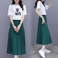 summer skirt suit women cotton short sleeve dress pleated long skirt t shirt pullover tops fashion 2 piece sets 2021