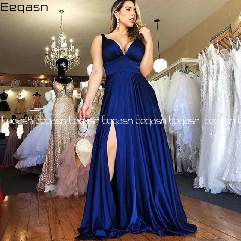 

New Satin Prom Evening Dresses A-Line V-Neck Royal Blue Formal Dresses Party Gowns with Slit Vestidos De Fiesta De Noche