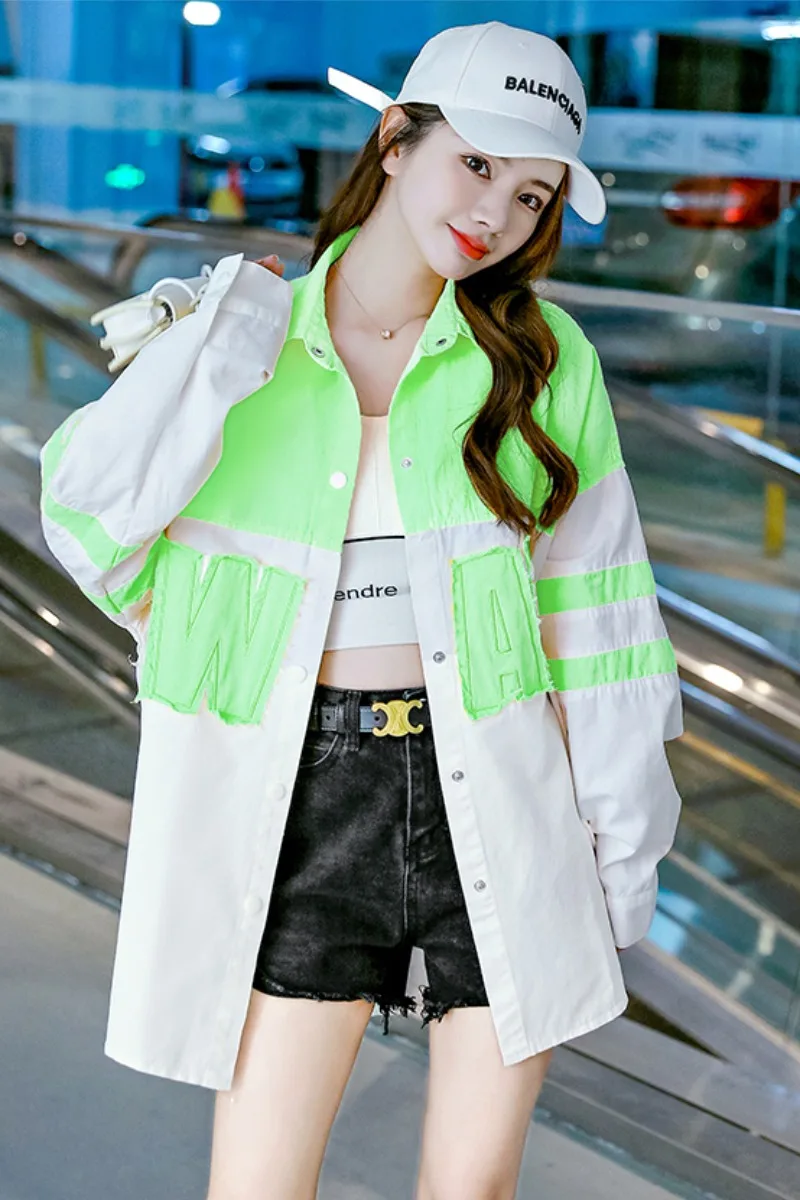 

Fashion Patchwork Cotton Denim Shirt Women Spring Contrast Color Letter Long Sleeve Blouse Top Casual Sun-Proof Camisas Mujer