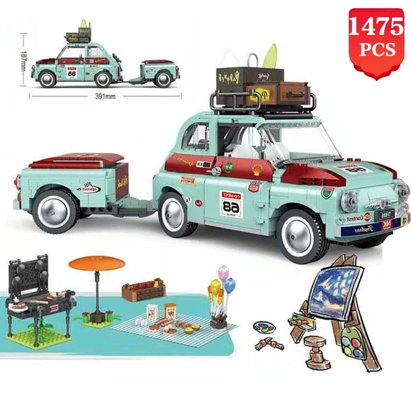 

Ideal Assembly Tourist Picnic Car Trailer Tractor Diy Building Block Set Moc Transport Children's Educational Bricks Toys Gifts