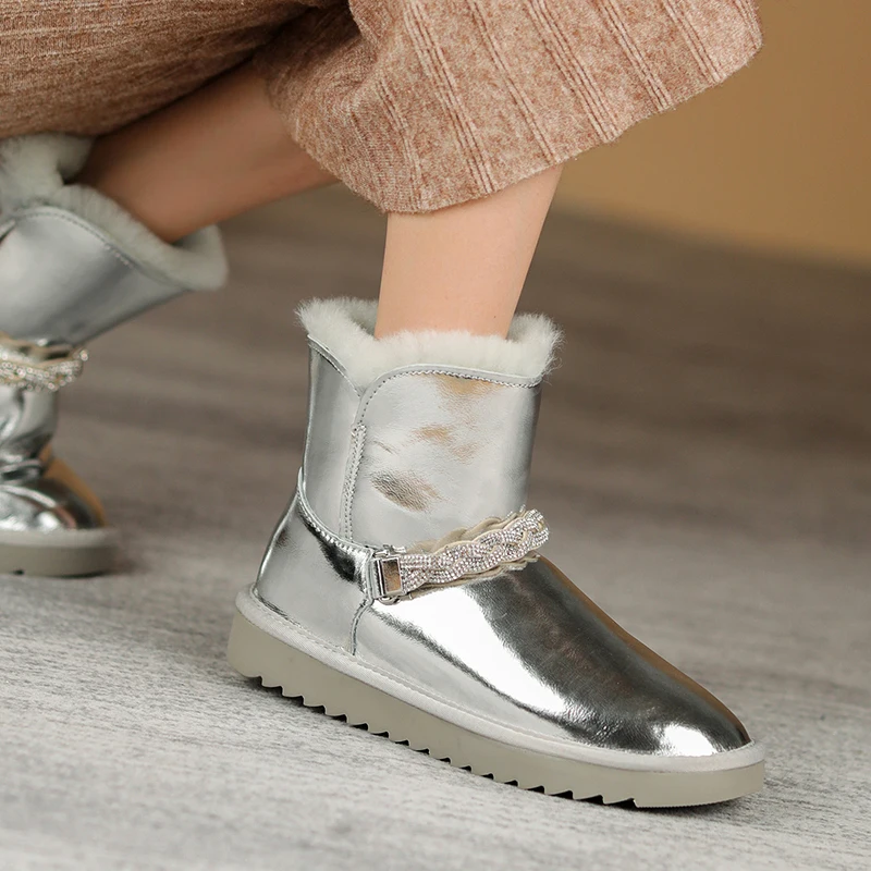 

Женские зимние ботинки QZYERAI, водонепроницаемые ботильоны из 100% натуральной шерсти, теплая Уличная обувь из натуральной кожи со стразами