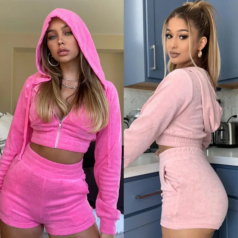 

2021 Ladies Two-piece Sweater Hooded Long Sleeve Zipper Jacket Slim Shorts Gold Velvet Suit