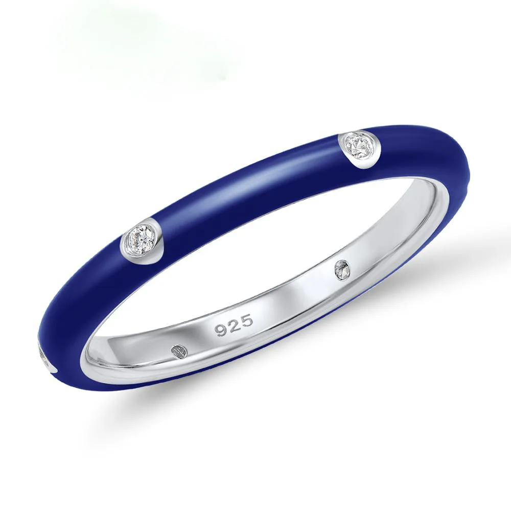 

Simple Style Jewelry Colorful Rainbow 925 Sterling Silver CZ Eternity Stackable Ring Circle Enamel Tail Ring Wedding Band