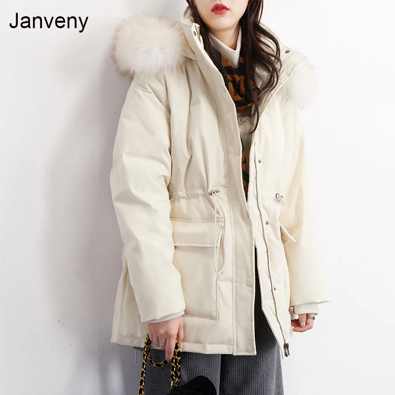 

Janveny зимняя большая теплая куртка с капюшоном из натурального меха енота Женская 90% парка на белом утином пуху Женская одежда с перьями зимн...
