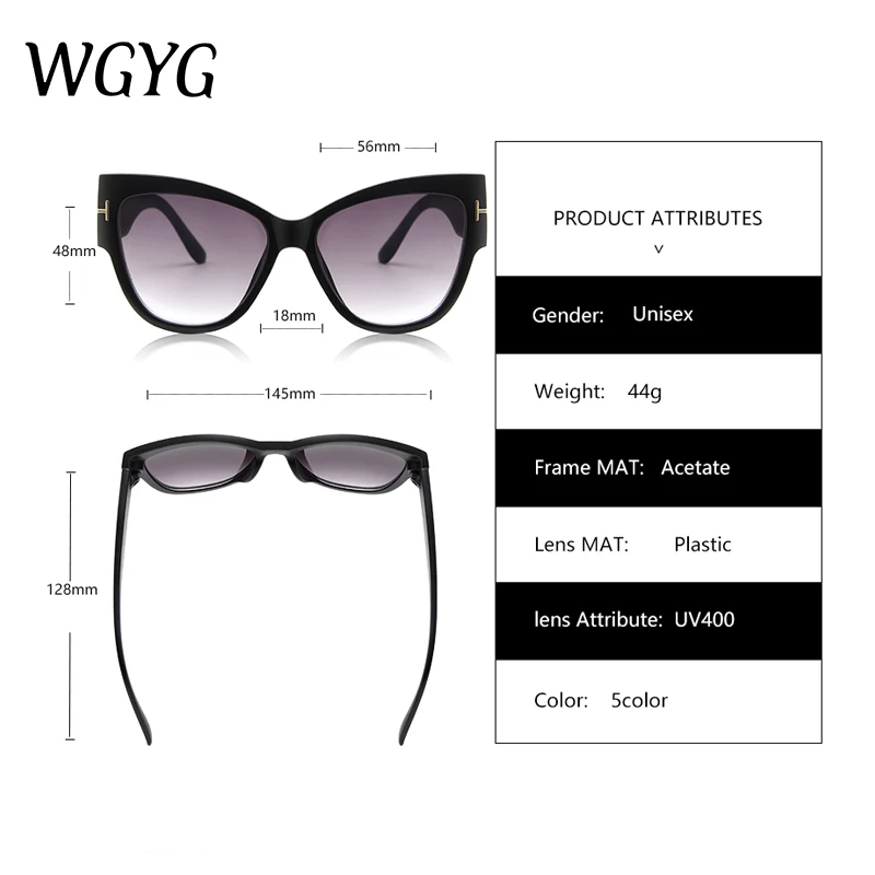 

WGYG New Women's Big Sunglasses Gradient Sunglasses Tom Fashion Brand Designer Cat Eye Lady Sunglasses Female Sunglasses