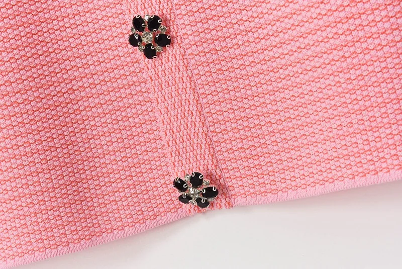 

High Fashion Spring Summer Dress Women 2021 Knit Bodycon Dress O Neck Puff Short Sleeve 4 Pockets Crystal Buttons Sweater Dress