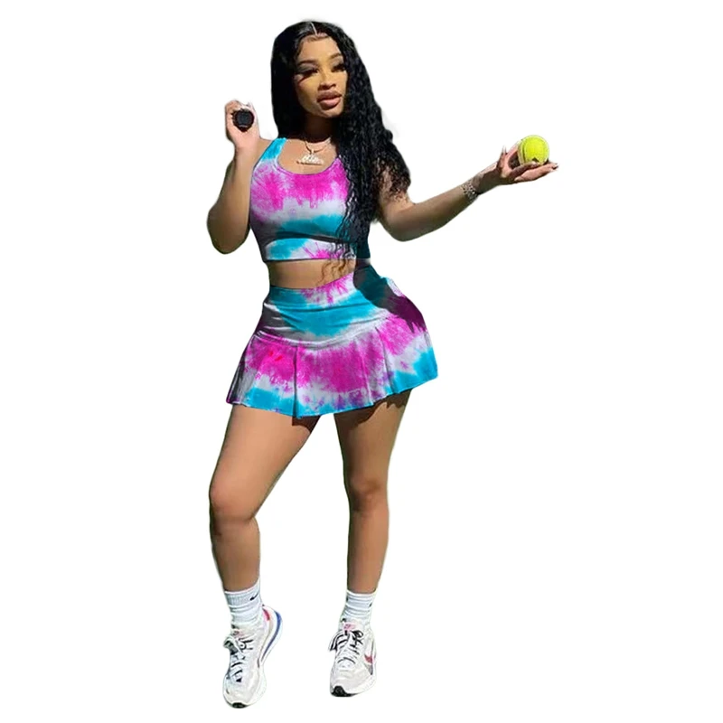 

Tie Dye Two Piece Skirt Set Sleeveless Crop Top Mini Dresses Tracksuit Sporty Outfits for Women Sexy Club Matching Sets